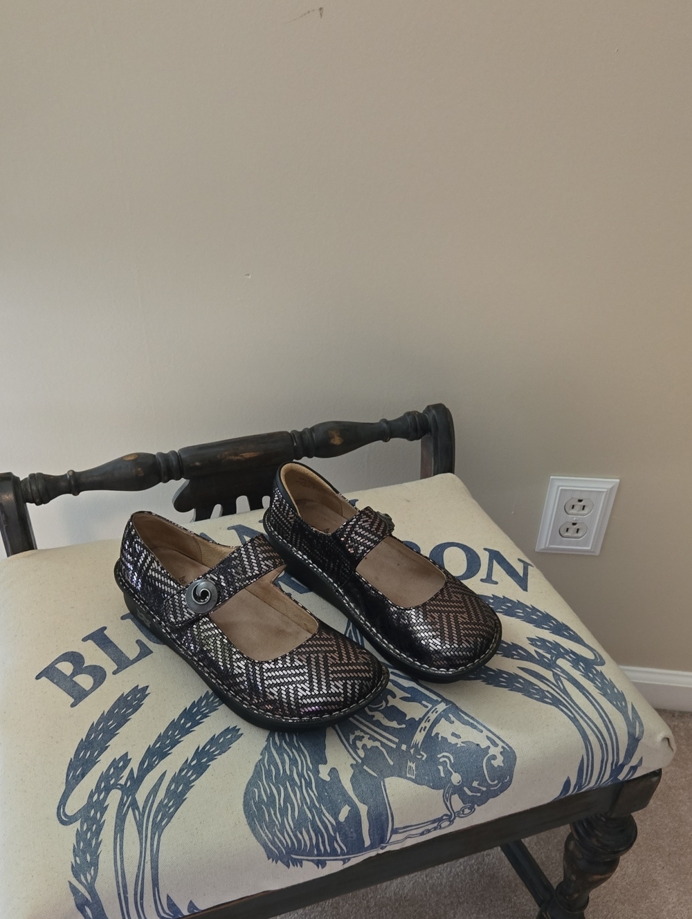 Alegria Black Metallic Mary Jane Flats with Woven Pattern